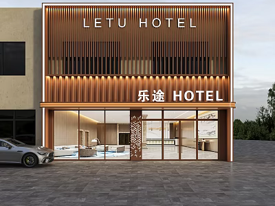 LETU HOTEL Modern Facade Design With Wooden Slats Glass Doors And Outdoor View 3d model