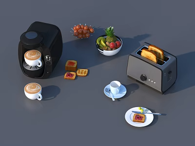 Essential Daily Living Products Including Coffee Maker Toaster Fruits Cookies Cups And Plate 3d model