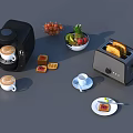Essential Daily Living Products Including Coffee Maker Toaster Fruits Cookies Cups And Plate