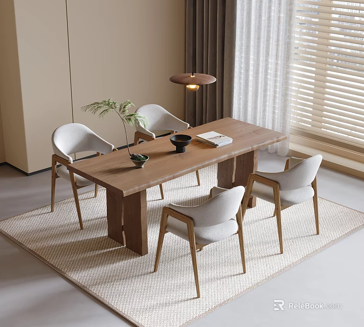 Wooden Dining Table With White Chairs Pendant Light And Rug In Modern Home Dining Area 3d model 