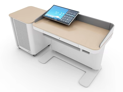 Multifunctional Desk with Tablet on Light Wood Top and White Modern Sleek Frame 3d model