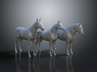 Three Graceful Standing Silver Horse Sculptures on Dark Reflective Surface 3d model