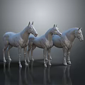 Three Graceful Standing Silver Horse Sculptures on Dark Reflective Surface