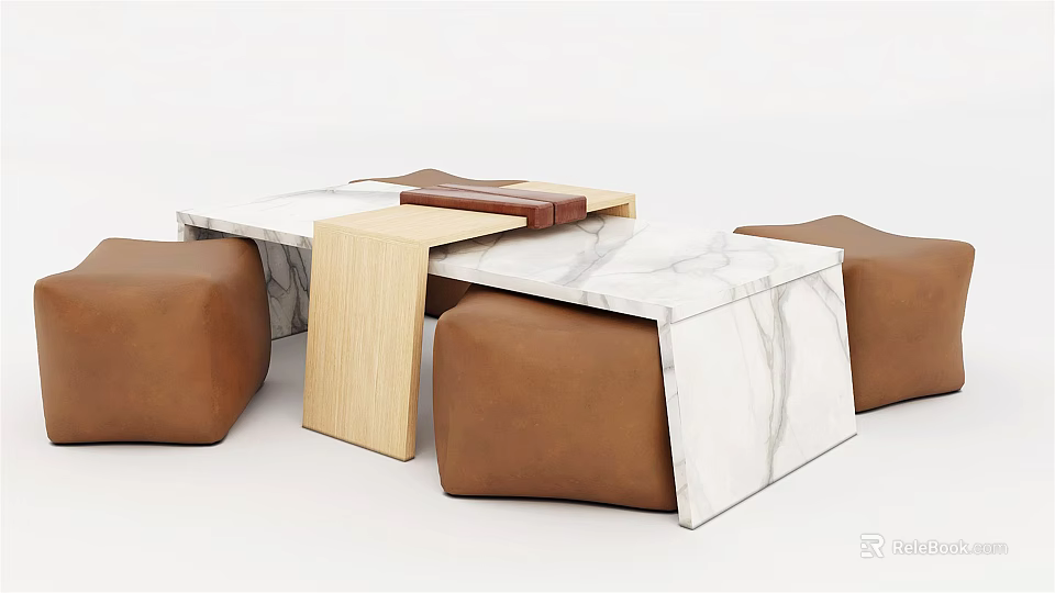 Modern Sofa Stools with Marble Top Wooden Frame and Brown Cushions 3d model 