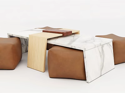 Modern Sofa Stools with Marble Top Wooden Frame and Brown Cushions 3d model