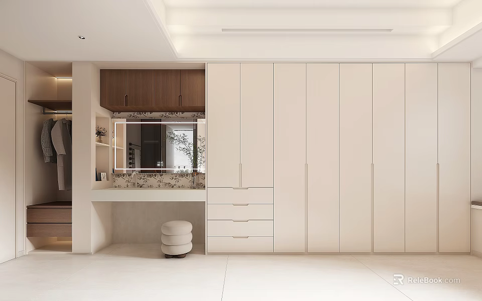 Modern White Wardrobe Design With Drawers And Mirror In Minimalist Interior 3d model 