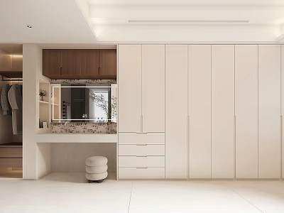 Modern White Wardrobe Design With Drawers And Mirror In Minimalist Interior 3d model