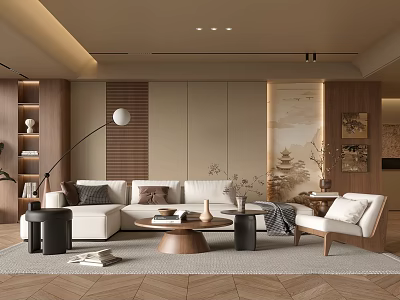 Modern Living Room Interior With Beige Sofa Wooden Wall Panels Coffee Table And Armchair 3d model