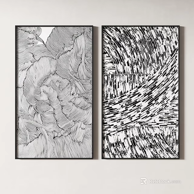 Black And White Abstract Line Art Paintings Framed As Wall Decor With Intricate Patterns 3d model 