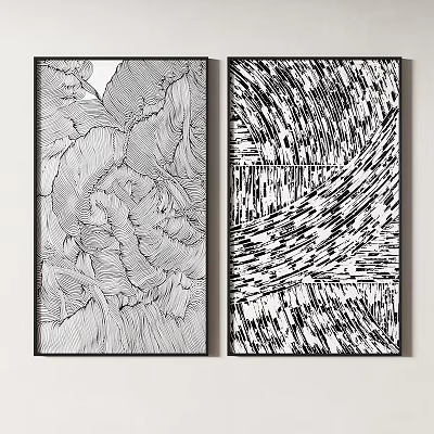 Black And White Abstract Line Art Paintings Framed As Wall Decor With Intricate Patterns 3d model
