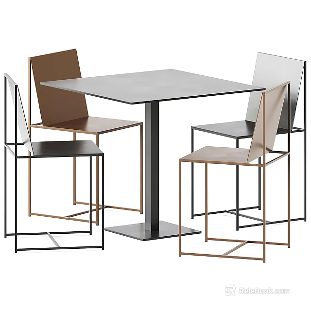 Modern Square Table And Chair Set With Metal Frame And Multicolored Seats 3d model 