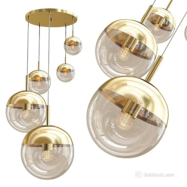 Modern Golden Metal Chandelier With Transparent Glass Globes And Spherical Design 3d model 