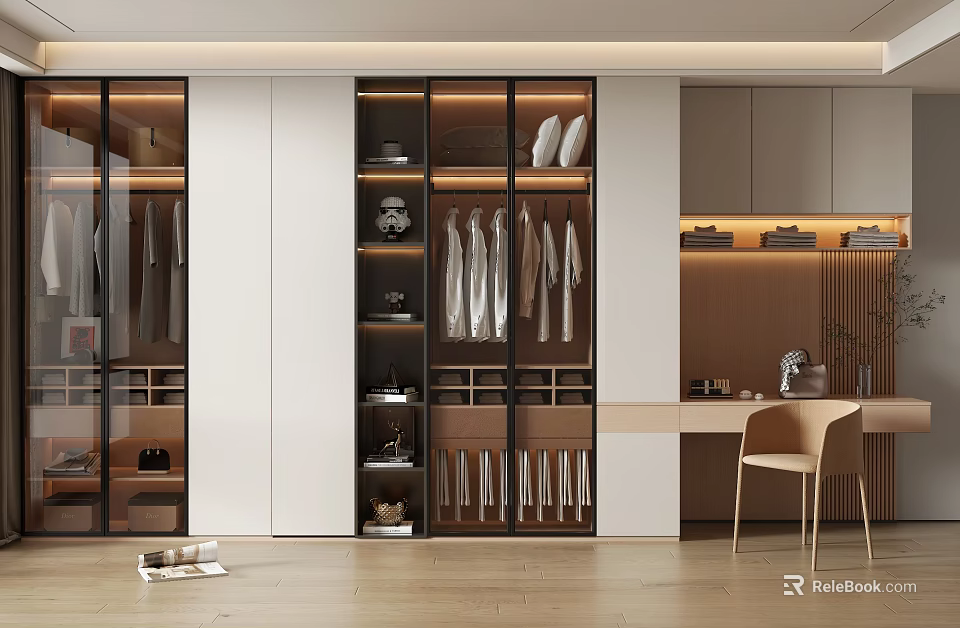 Modern Wardrobe Interior Design With Glass Doors Hanging Clothes Drawers And Storage 3d model 