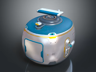Cartoon Style Round Futuristic Robot With Blue Top Silver Body And Yellow Control Buttons 3d model
