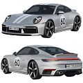 Silver Porsche Sports Car With White Stripes 60 Badge And Black Wheels