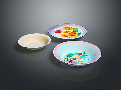 Tableware Set with Three Bowls Beige Floral and Fish Patterns for Home Kitchen 3d model