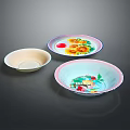 Tableware Set with Three Bowls Beige Floral and Fish Patterns for Home Kitchen 3d model