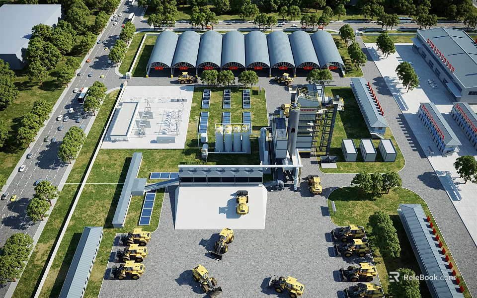 Industrial Plant Complex Featuring Multiple Warehouse Buildings Construction Vehicles And Greenery 3d model