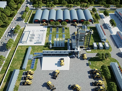 Industrial Plant Complex Featuring Multiple Warehouse Buildings Construction Vehicles And Greenery 3d model