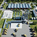 Industrial Plant Complex Featuring Multiple Warehouse Buildings Construction Vehicles And Greenery 3d model