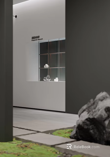 Gray Wall White Countertop Glass Display Cabinet With White Transparent Items And Stone Decoration 3d model 