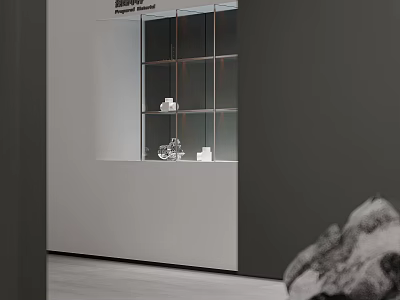 Gray Wall White Countertop Glass Display Cabinet With White Transparent Items And Stone Decoration 3d model