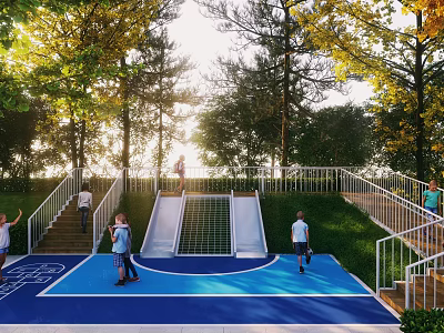 Playground With Slides Basketball Court And Kids Playing By Trees 3d model