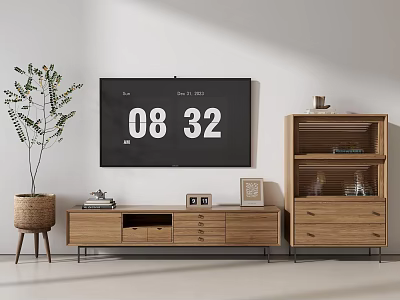 Modern Minimalist Wooden TV Stand with TV Side Cabinet and Potted Plant 3d model