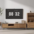 Modern Minimalist Wooden TV Stand with TV Side Cabinet and Potted Plant