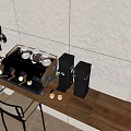 Coffee Kitchenware Set on Wooden Table with Black Coffee Machine and Tile Wall