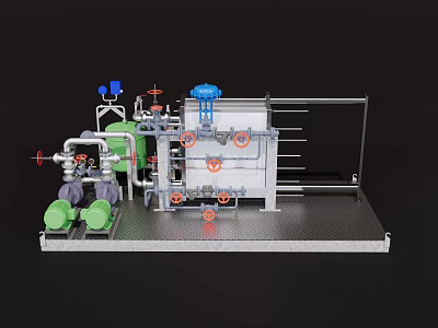 Industrial Equipment With Pipes Valves Green Blue Components Metal Frame And Platform 3d model
