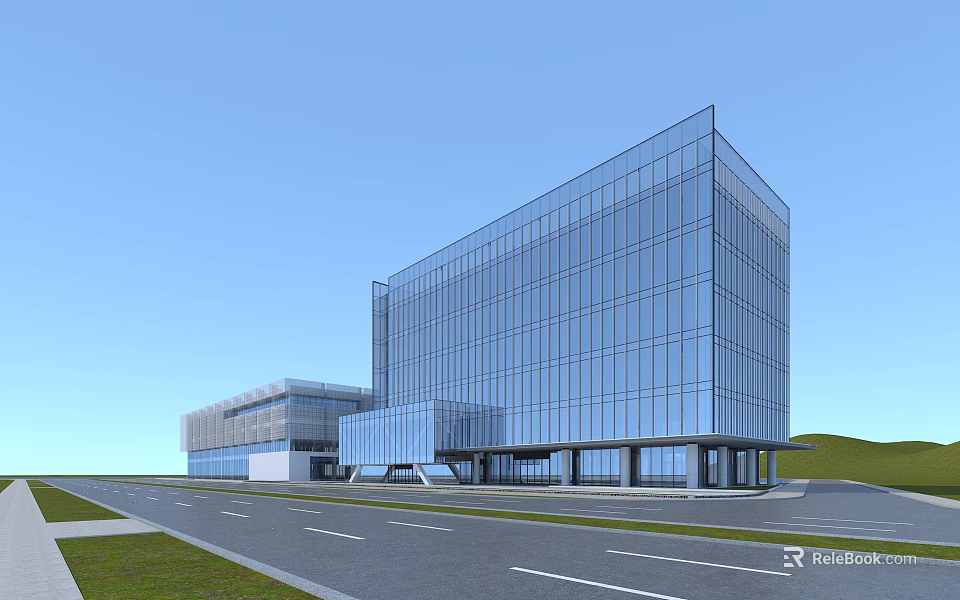 Modern Commercial Complex With Glass Curtain Facade Architectural Design And Green Surroundings 3d model 