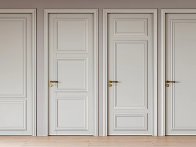 White Swing Doors With Various Panel Designs And Gold Handles In Modern Interior 3d model