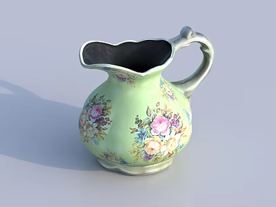 Light Green Pitcher Vase With Floral Pattern And Colorful Flower Designs 3d model