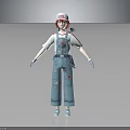 Man with red hair white cap blue overalls red star patterns tool belt blue gloves