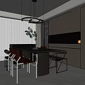 Modern Restaurant Interior Featuring Dining Table Chairs Hanging Lights And Potted Plant 3d model