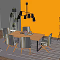 Wooden Dining Table Set with Striped Chairs Orange Wall Black Chandelier and Flower Vase