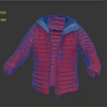 Red Puffer Jacket With Gray Hood And Front Zipper Open