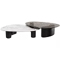 Modern Coffee Table Set With Marble And Dark Wood Tops And Black Cylindrical Legs