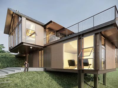 Modern Single Family House Featuring Large Glass Windows Balcony Metal Railing And Grass Area 3d model
