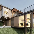Modern Single Family House Featuring Large Glass Windows Balcony Metal Railing And Grass Area