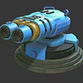 Blue Mechanical Turret with Dual Barrels Yellow Accents and Gray Base Structure