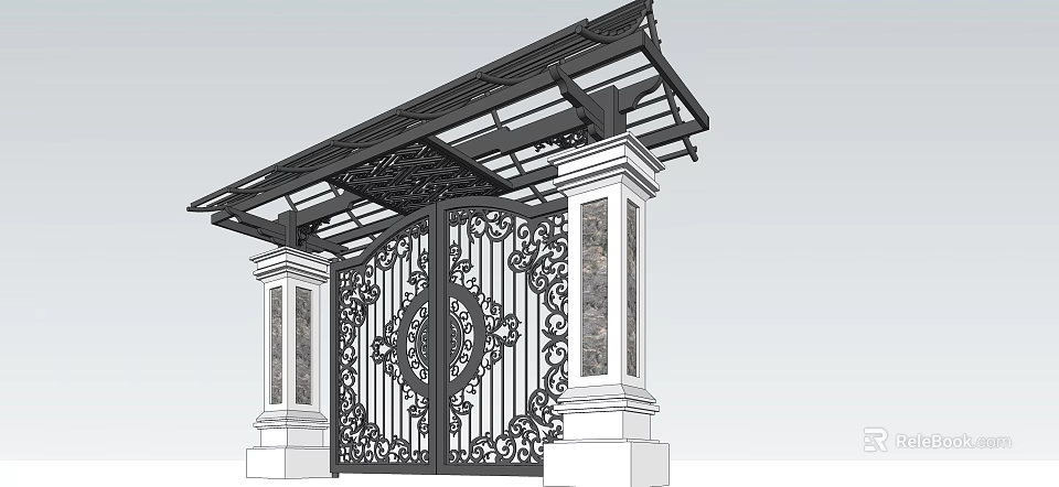 Ornate Wrought Iron Entrance Gate With Intricate Patterns Columns And Metal Canopy 3d model 