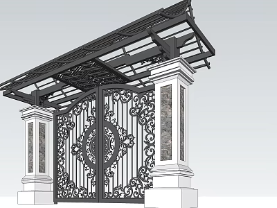 Ornate Wrought Iron Entrance Gate With Intricate Patterns Columns And Metal Canopy 3d model