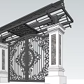 Ornate Wrought Iron Entrance Gate With Intricate Patterns Columns And Metal Canopy