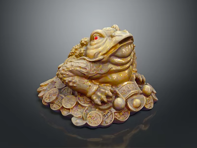 Golden Reptile Figurine With Red Eyes Surrounded By Ancient Copper Coins 3d model