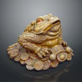 Golden Reptile Figurine With Red Eyes Surrounded By Ancient Copper Coins