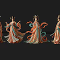 Ancient Style Women in Elegant Traditional Costumes with Flowing Skirts and Elaborate Headdresses