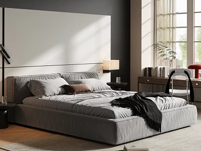 Modern Gray Upholstered Double Bed With White Headboard Wall Table Lamp And Sunlight 3d model