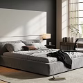 Modern Gray Upholstered Double Bed With White Headboard Wall Table Lamp And Sunlight 3d model